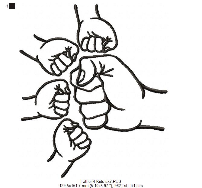Family Hands Dad and 4 Kids - Fill Stitch - Machine Embroidery Design