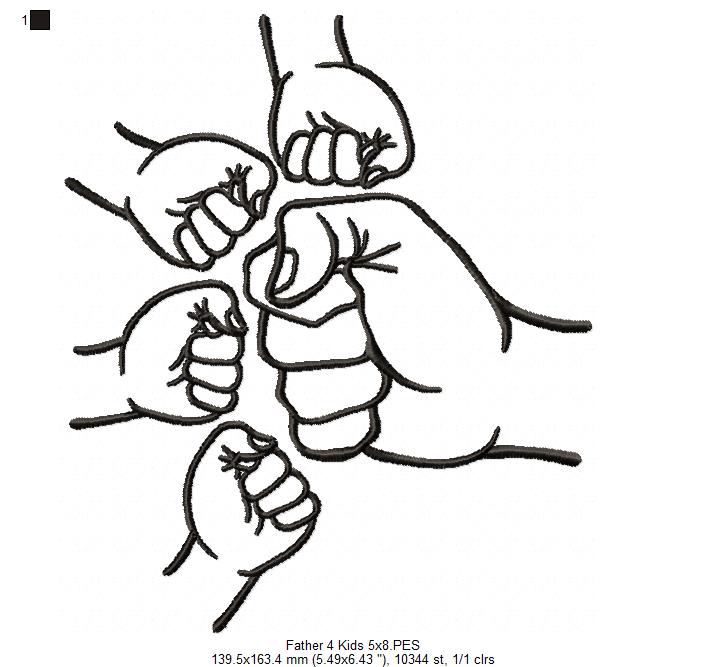Family Hands Dad and 4 Kids - Fill Stitch - Machine Embroidery Design