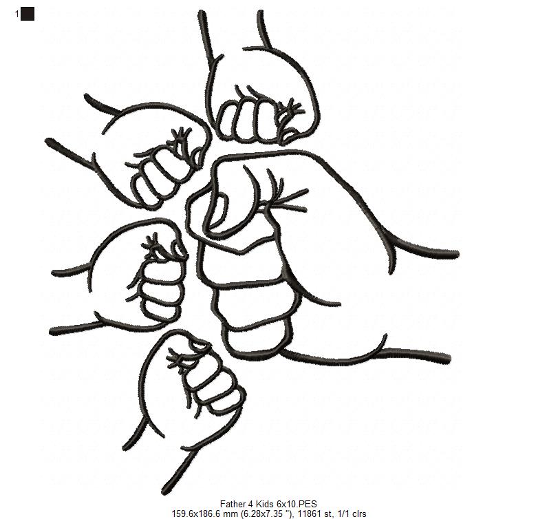Family Hands Dad and 4 Kids - Fill Stitch - Machine Embroidery Design