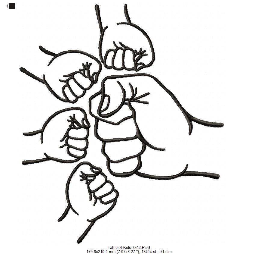 Family Hands Dad and 4 Kids - Fill Stitch - Machine Embroidery Design