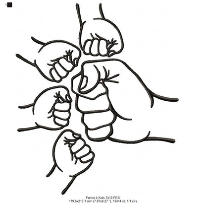 Family Hands Dad and 4 Kids - Fill Stitch - Machine Embroidery Design
