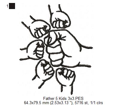 Family Hands Dad and 5 Kids - Fill Stitch - Machine Embroidery Design