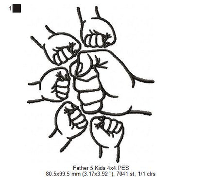 Family Hands Dad and 5 Kids - Fill Stitch - Machine Embroidery Design