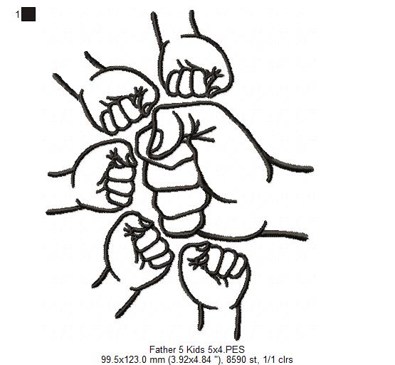 Family Hands Dad and 5 Kids - Fill Stitch - Machine Embroidery Design