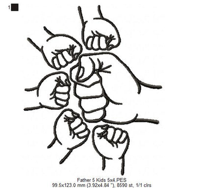 Family Hands Dad and 5 Kids - Fill Stitch - Machine Embroidery Design