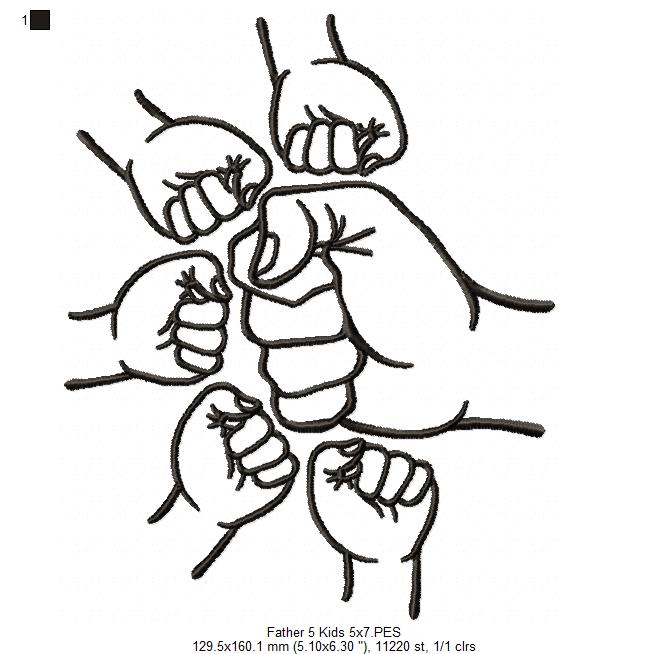 Family Hands Dad and 5 Kids - Fill Stitch - Machine Embroidery Design