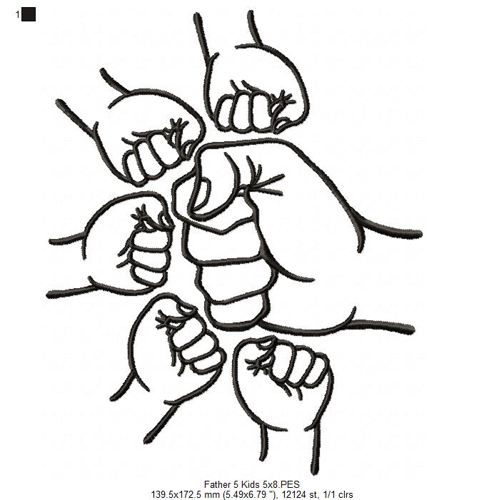 Family Hands Dad and 5 Kids - Fill Stitch - Machine Embroidery Design