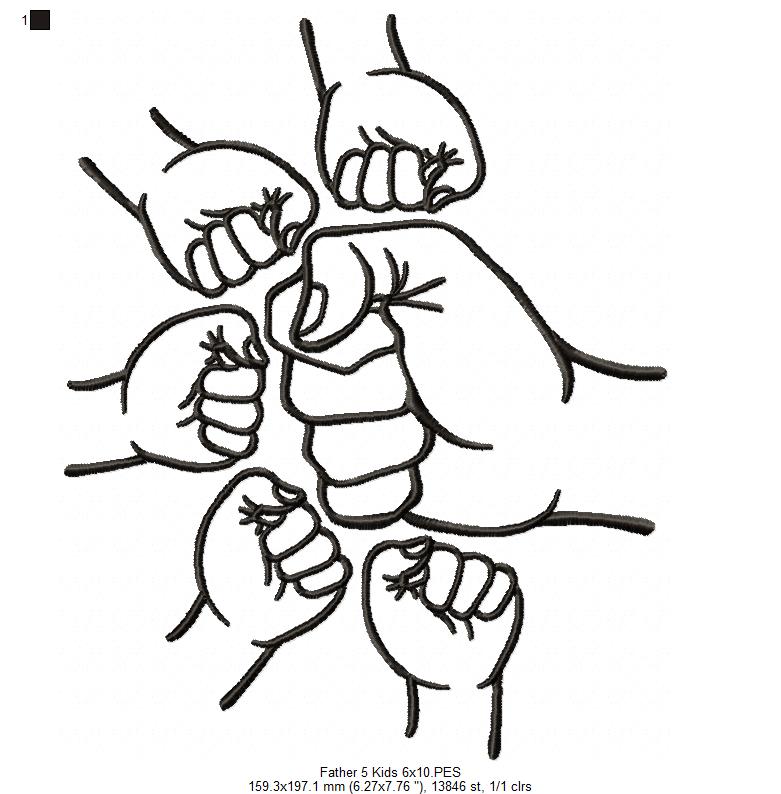 Family Hands Dad and 5 Kids - Fill Stitch - Machine Embroidery Design