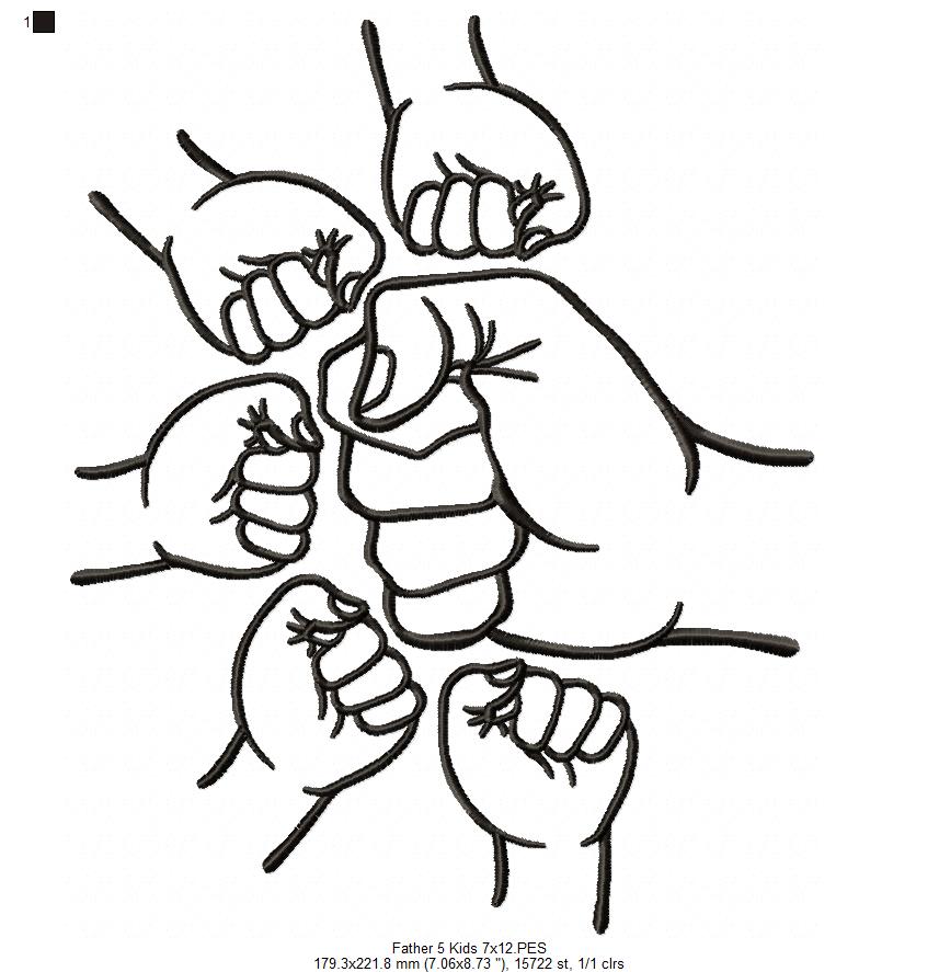 Family Hands Dad and 5 Kids - Fill Stitch - Machine Embroidery Design