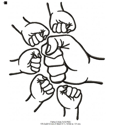 Family Hands Dad and 5 Kids - Fill Stitch - Machine Embroidery Design