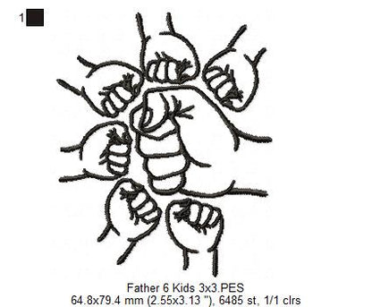 Family Hands Dad and 6 Kids - Fill Stitch - Machine Embroidery Design