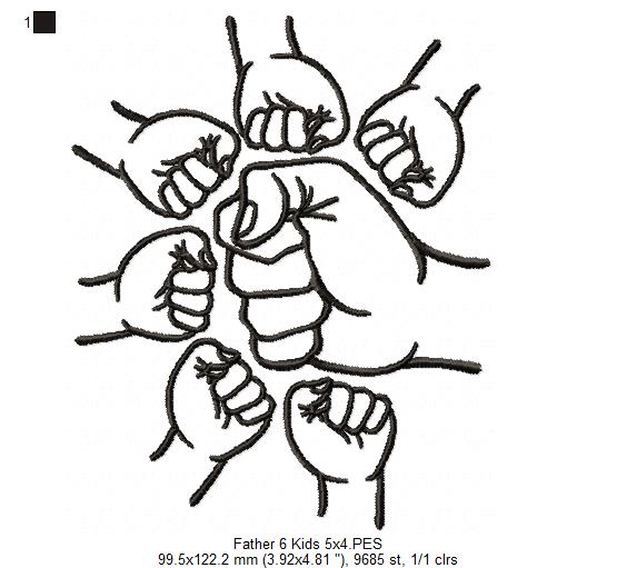 Family Hands Dad and 6 Kids - Fill Stitch - Machine Embroidery Design