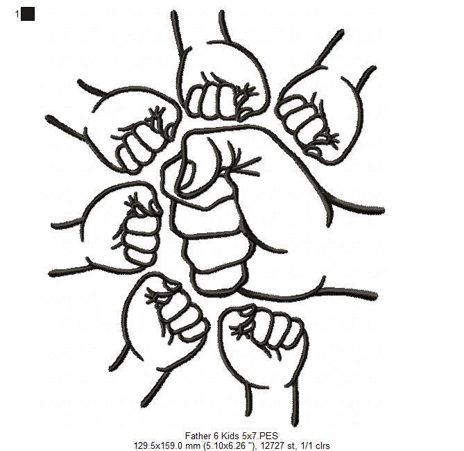 Family Hands Dad and 6 Kids - Fill Stitch - Machine Embroidery Design