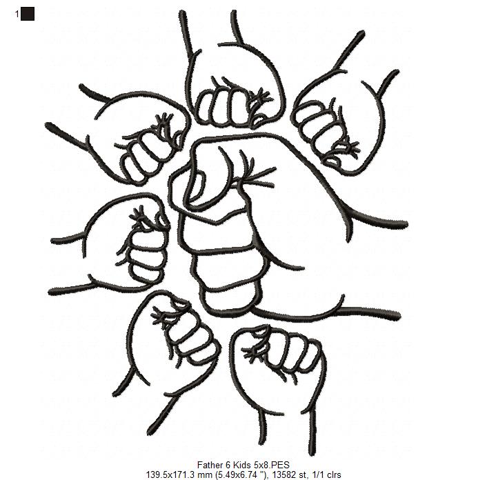 Family Hands Dad and 6 Kids - Fill Stitch - Machine Embroidery Design