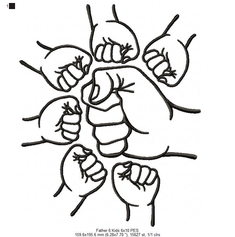 Family Hands Dad and 6 Kids - Fill Stitch - Machine Embroidery Design