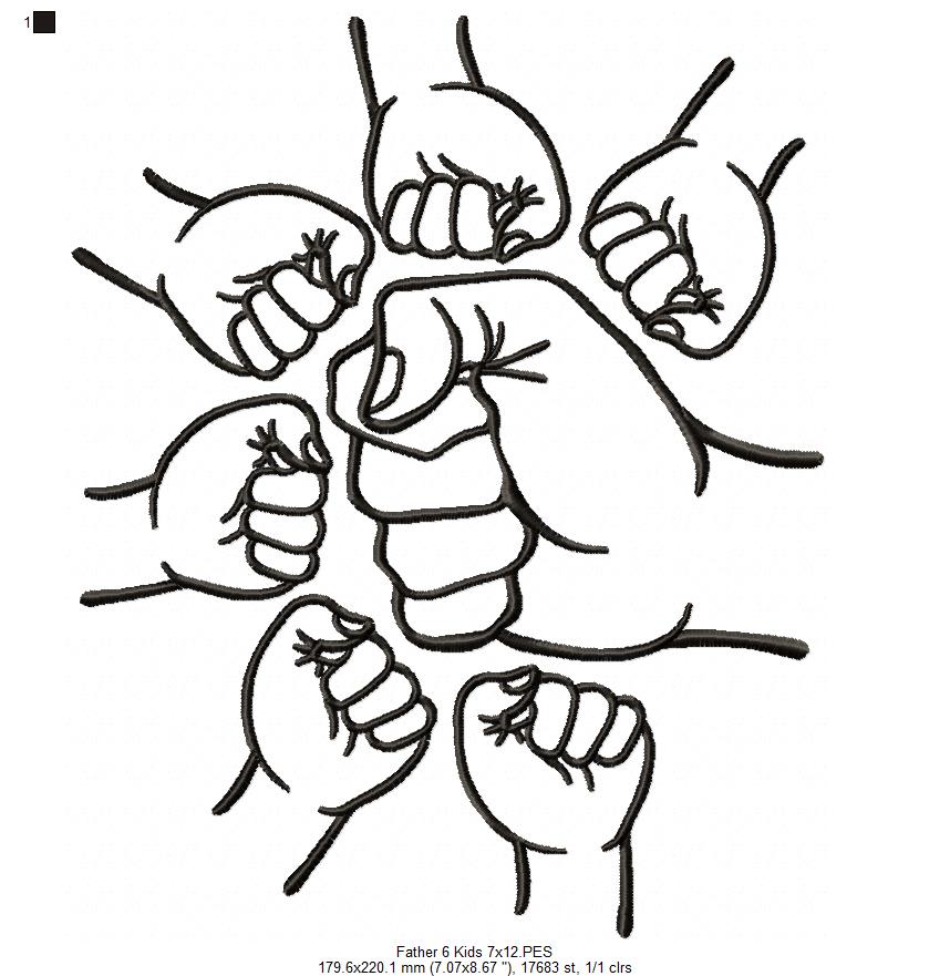 Family Hands Dad and 6 Kids - Fill Stitch - Machine Embroidery Design