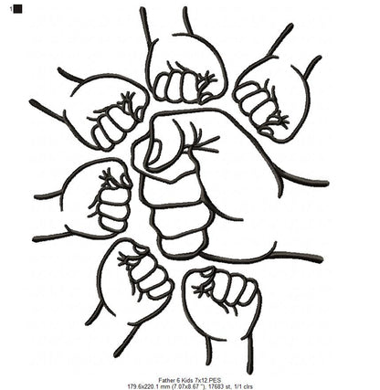 Family Hands Dad and 6 Kids - Fill Stitch - Machine Embroidery Design