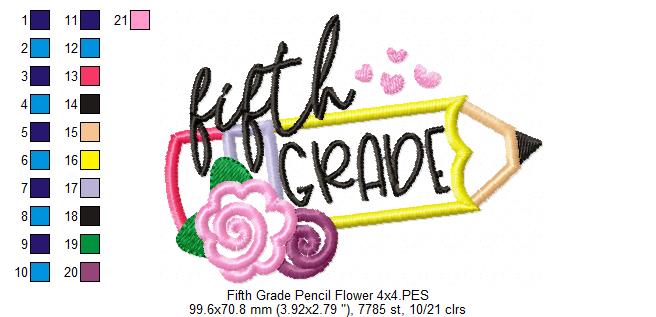 Fifth Grade Pencil and Flowers - Applique - Machine Embroidery Design