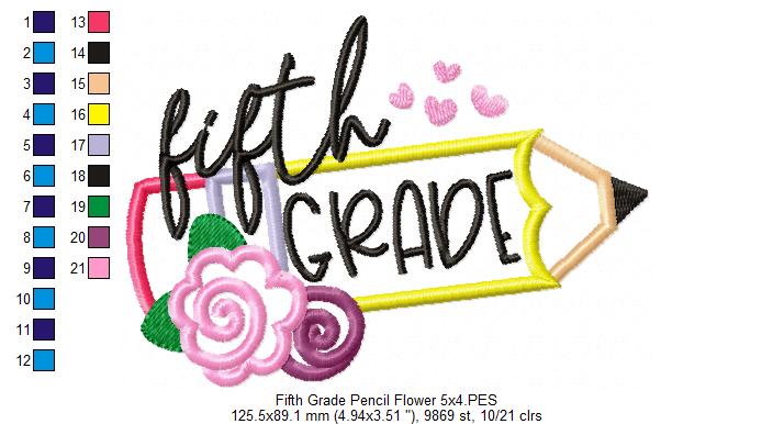 Fifth Grade Pencil and Flowers - Applique - Machine Embroidery Design