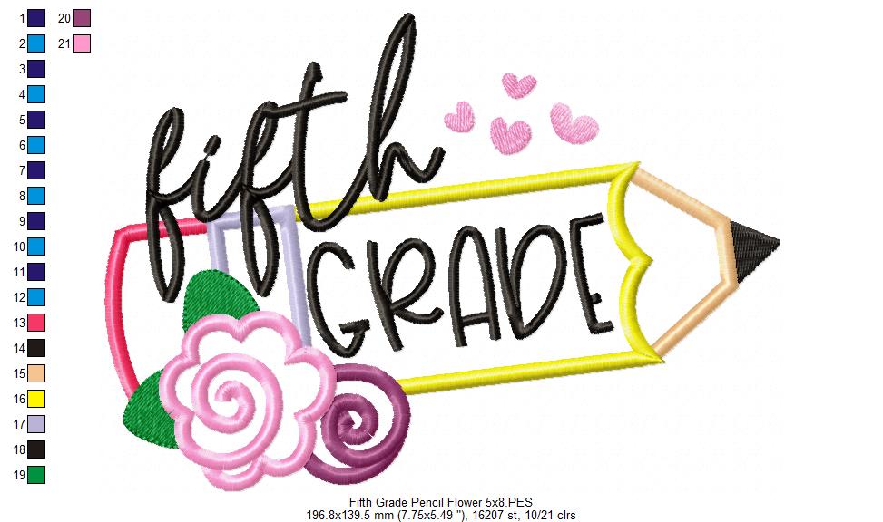 Fifth Grade Pencil and Flowers - Applique - Machine Embroidery Design