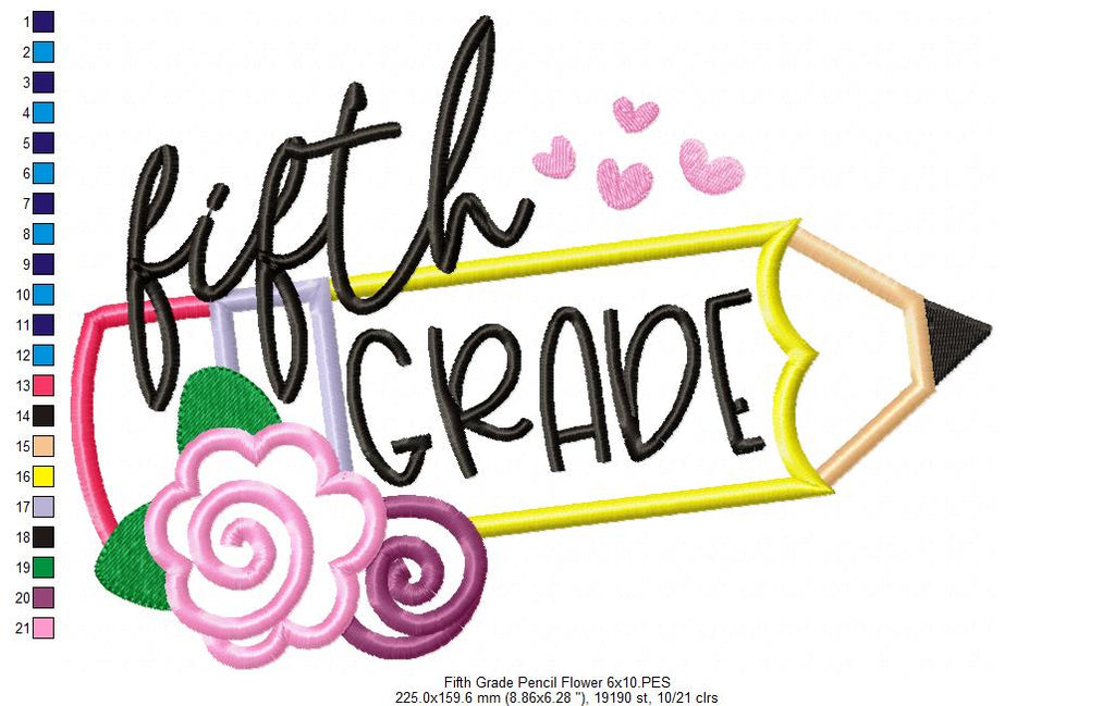 Fifth Grade Pencil and Flowers - Applique - Machine Embroidery Design