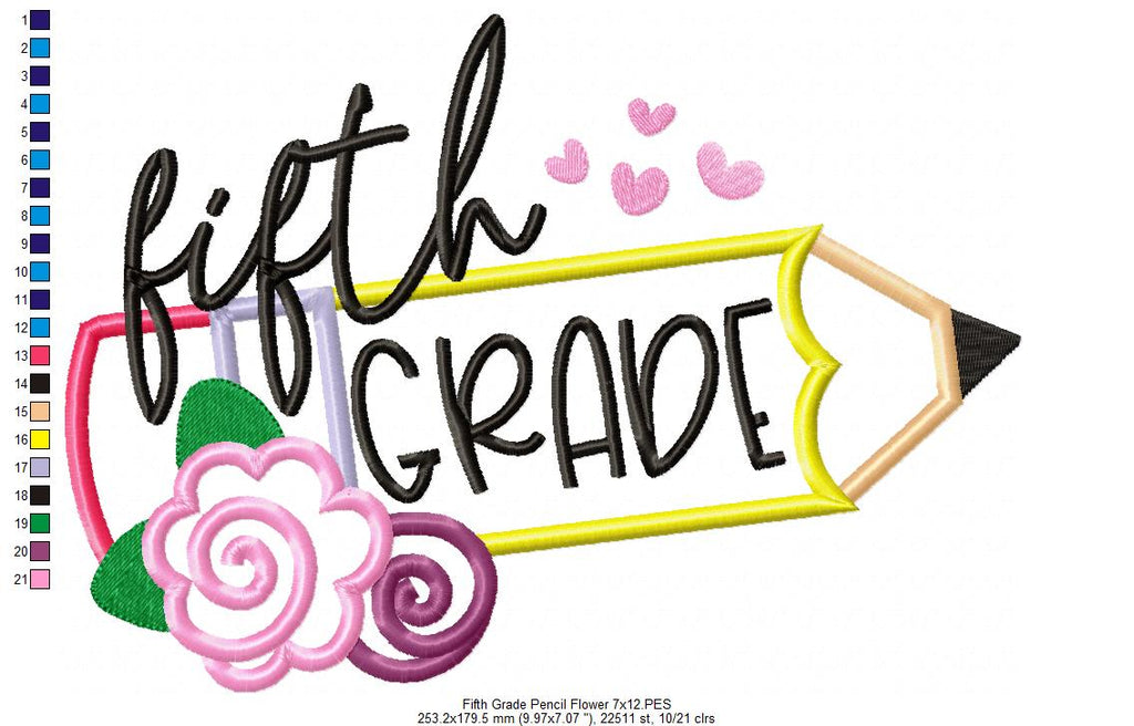 Fifth Grade Pencil and Flowers - Applique - Machine Embroidery Design