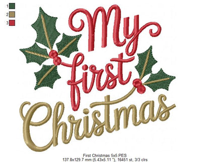 My First Christmas Holly – Fill Stitch – Machine Embroidery Design