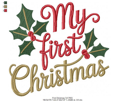 My First Christmas Holly – Fill Stitch – Machine Embroidery Design