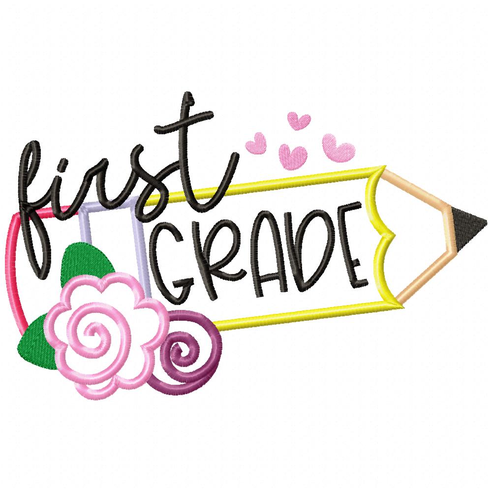 First Grade Pencil and Flowers - Applique - Machine Embroidery Design
