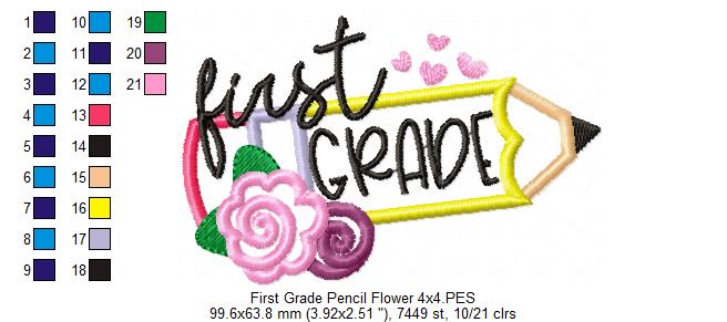 First Grade Pencil and Flowers - Applique - Machine Embroidery Design