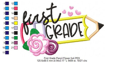 First Grade Pencil and Flowers - Applique - Machine Embroidery Design