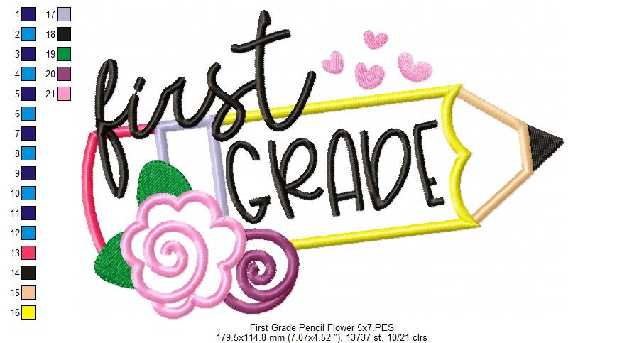 First Grade Pencil and Flowers - Applique - Machine Embroidery Design