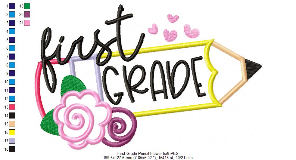 First Grade Pencil and Flowers - Applique - Machine Embroidery Design