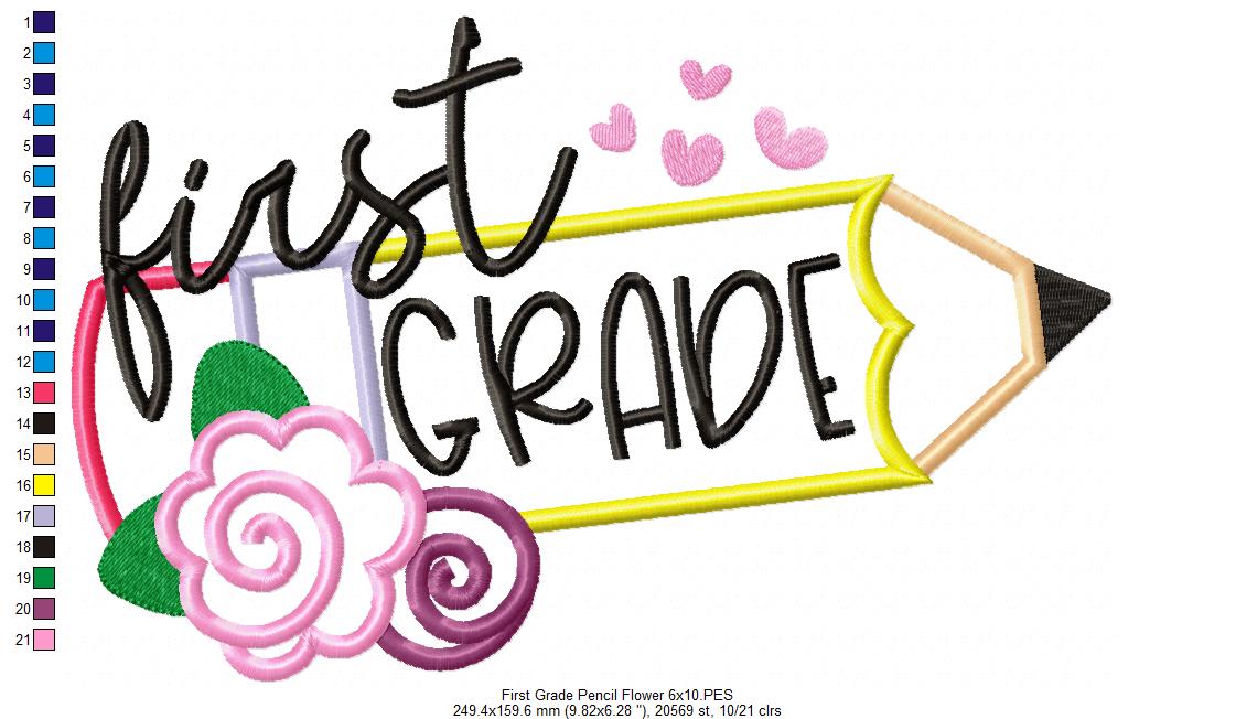 First Grade Pencil and Flowers - Applique - Machine Embroidery Design