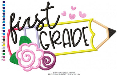 First Grade Pencil and Flowers - Applique - Machine Embroidery Design