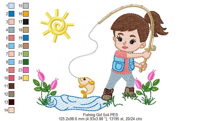 Fishing Girl - Fill Stitch - Machine Embroidery Design