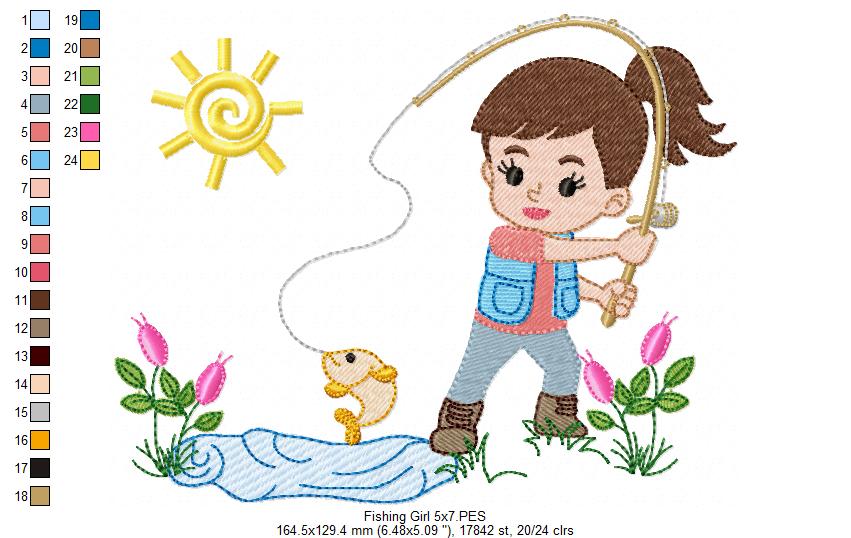 Fishing Girl - Fill Stitch - Machine Embroidery Design