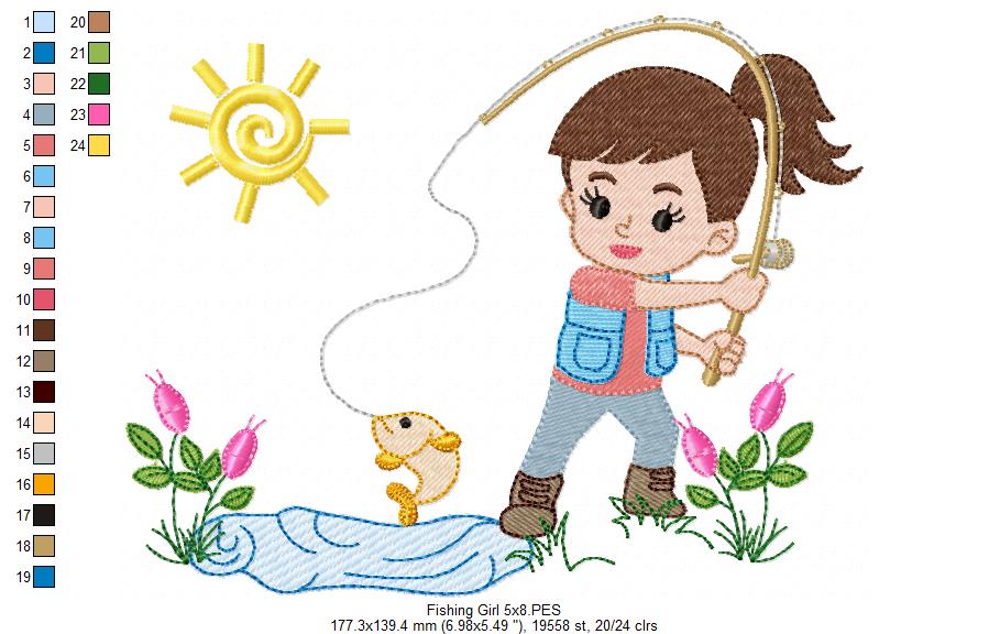 Fishing Girl - Fill Stitch - Machine Embroidery Design