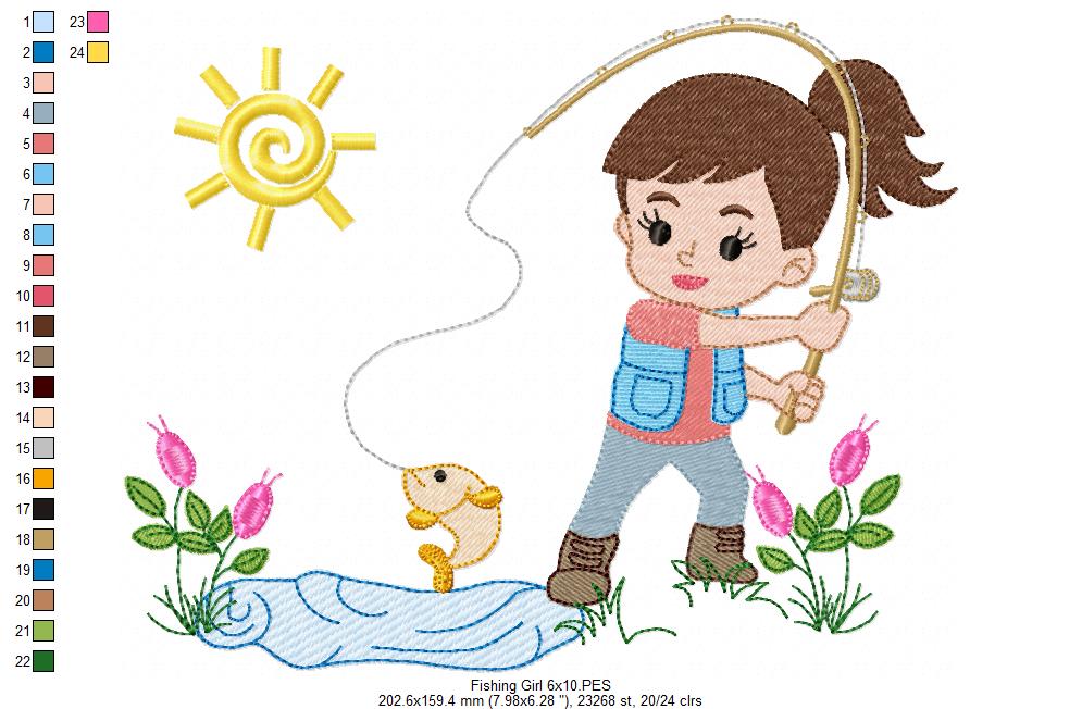 Fishing Girl - Fill Stitch - Machine Embroidery Design