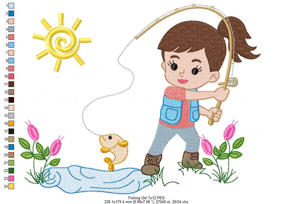 Fishing Girl - Fill Stitch - Machine Embroidery Design