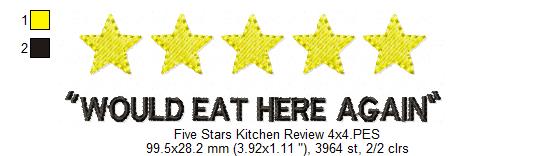 Five Stars Kitchen Review - Fill Stitch - Machine Embroidery Design
