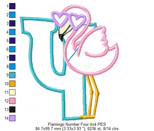 Flamingo with Sunglasses 4th Birthday Number 4 Four - Applique - Machine Embroidery Design