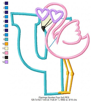 Flamingo with Sunglasses 4th Birthday Number 4 Four - Applique - Machine Embroidery Design