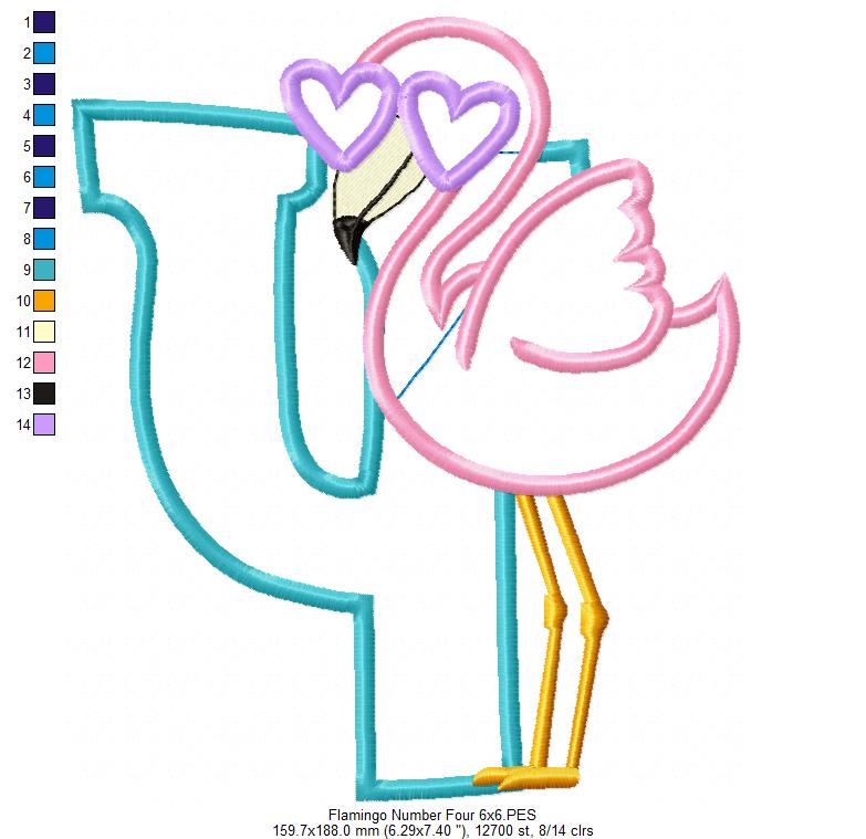 Flamingo with Sunglasses 4th Birthday Number 4 Four - Applique - Machine Embroidery Design