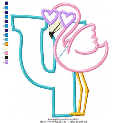 Flamingo with Sunglasses 4th Birthday Number 4 Four - Applique - Machine Embroidery Design