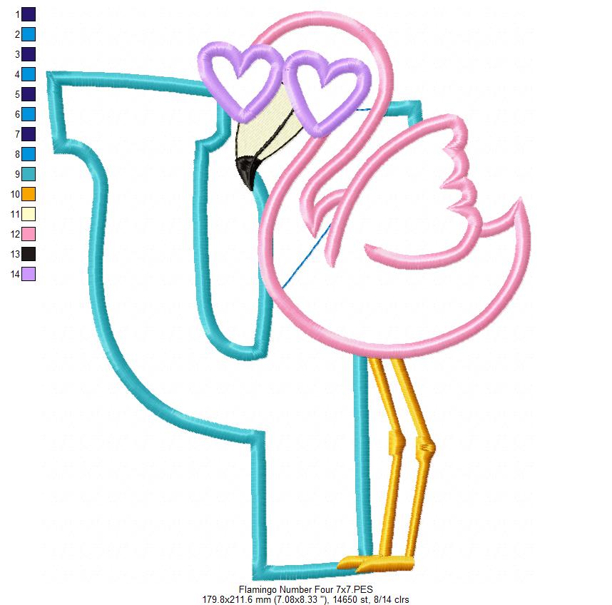 Flamingo with Sunglasses 4th Birthday Number 4 Four - Applique - Machine Embroidery Design