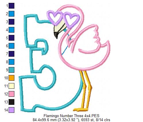 Flamingo with Sunglasses Number 3 Three 3rd Birthday - Applique - Machine Embroidery Design