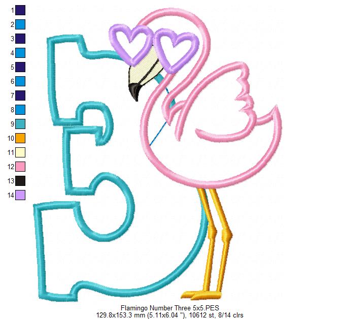 Flamingo with Sunglasses Number 3 Three 3rd Birthday - Applique - Machine Embroidery Design