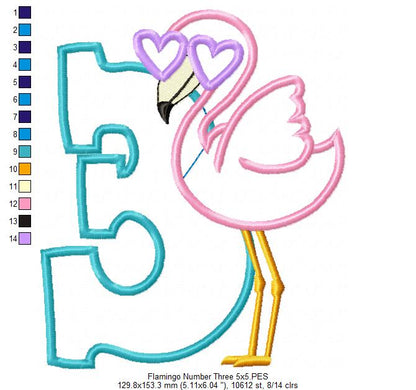 Flamingo with Sunglasses Number 3 Three 3rd Birthday - Applique - Machine Embroidery Design