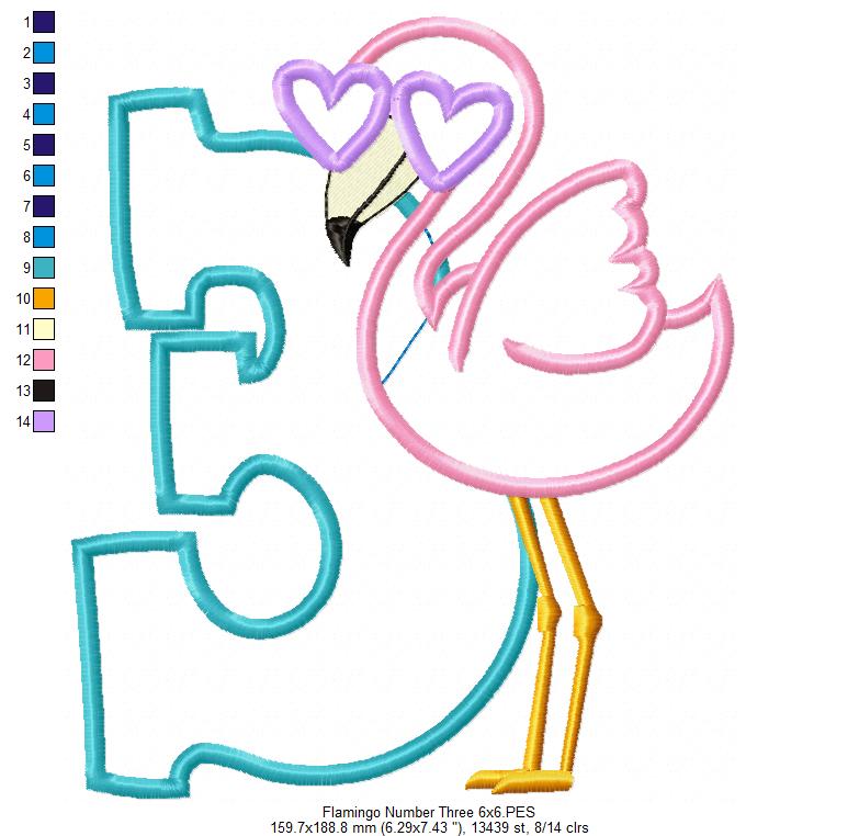 Flamingo with Sunglasses Number 3 Three 3rd Birthday - Applique - Machine Embroidery Design